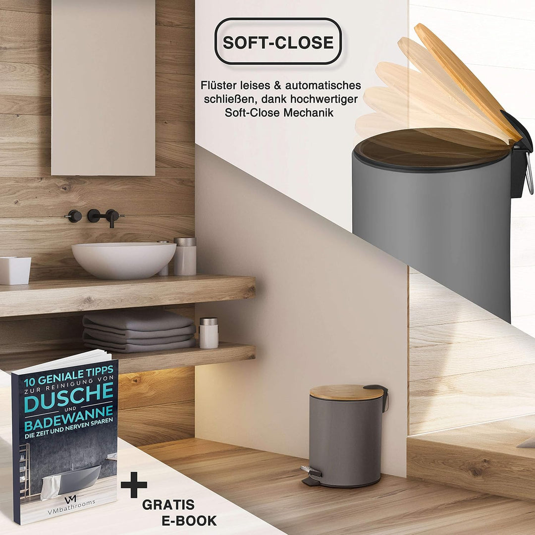VMbathrooms 5L Kosmetikeimer in edlem grauem Design | Tretmülleimer mit Absenkautomatik (Soft Close)