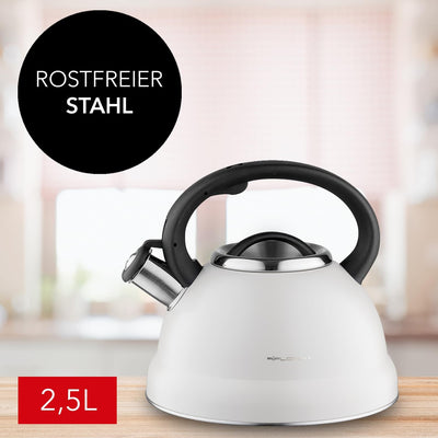 FLORINA Wasserkessel (2,5 l) | Edelstahl Teekessel JACOB | Flötenkessel mit Bakelit Griff & Pfeifton