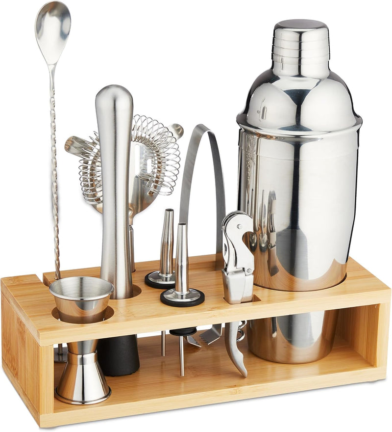 Relaxdays Cocktail Set, 10-TLG. Barset mit Ständer, Shaker, Barmass, Barlöffel, Zange, Edelstahl & B