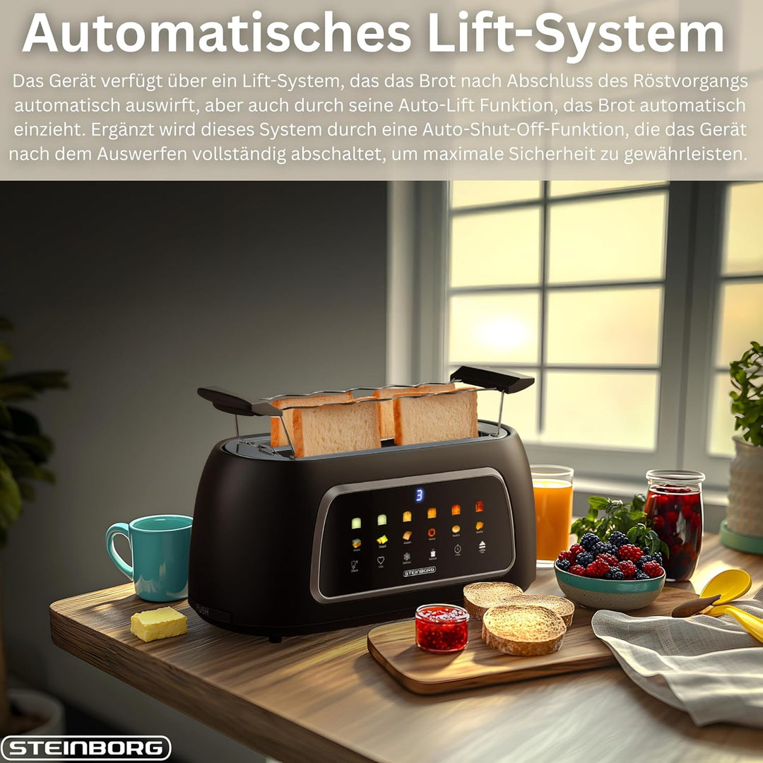 Steinborg® Automatik Toaster mit Brötchenaufsatz 4 Scheiben Automatische Liftfunktion ohne Hebel - L