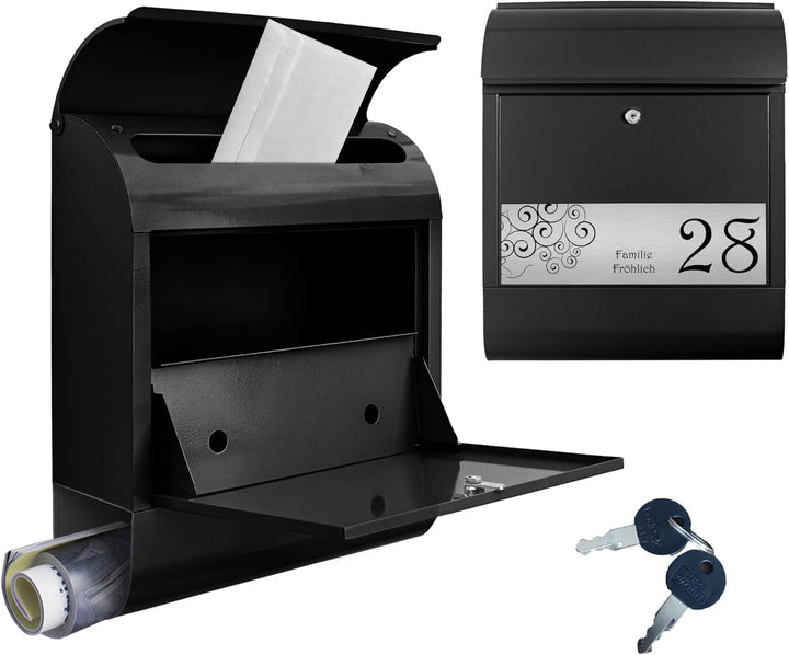 banjado® Briefkasten personalisiert mit graviertem Namensschild in Silber/Briefkasten schwarz 39x47x