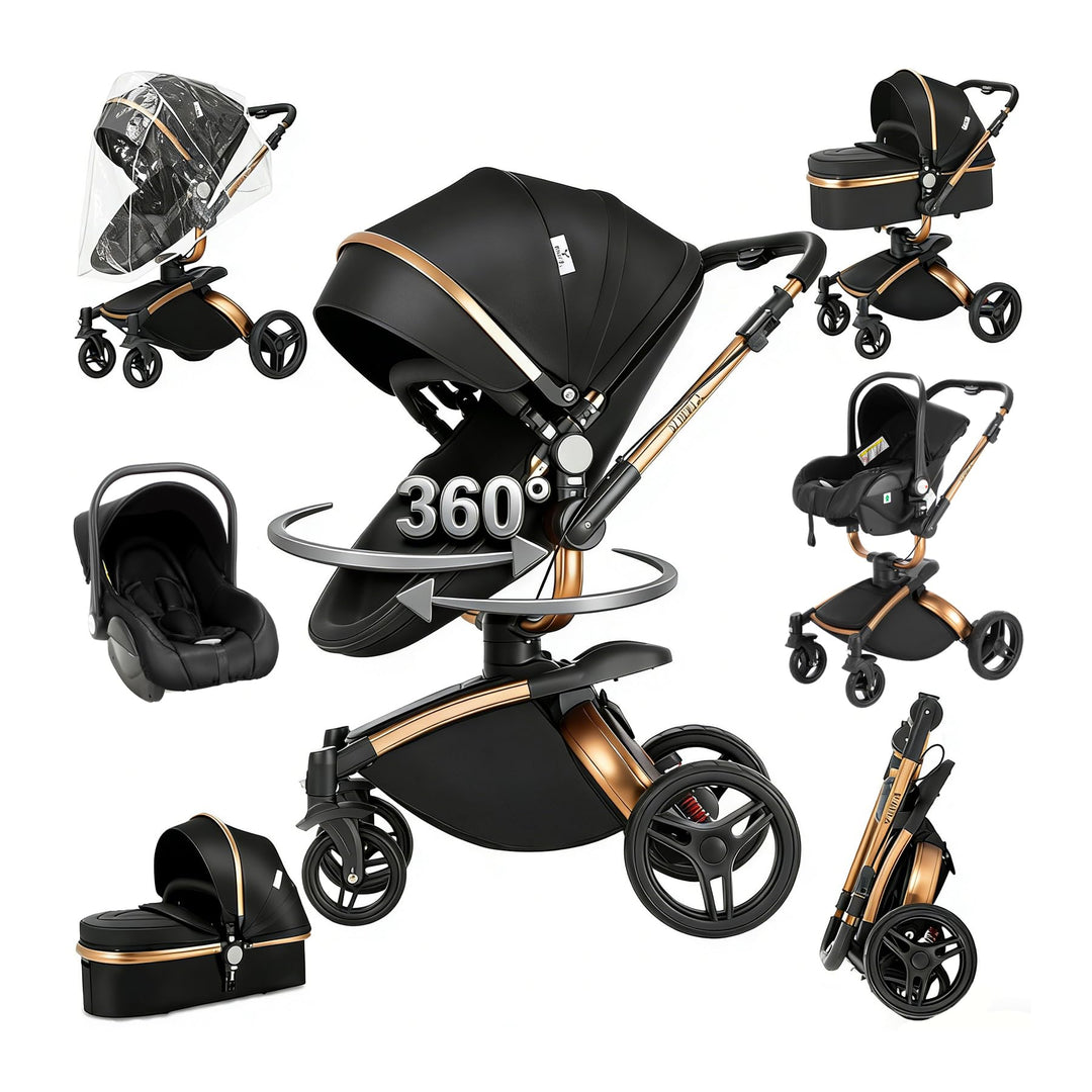 Prokoke PU-Leder Kinderwagen 3 in 1, Buggy mit Verstellbarem Sitz mit 360°-Drehung, Kinderwagen mit