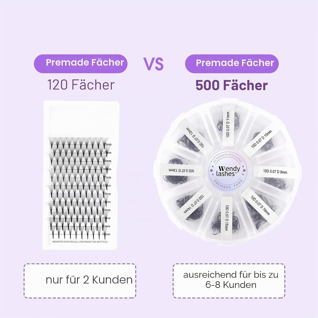 WENDY LASHES Premade Volume Fans 10D D-Curl 0,07mm 13-20mm 500 Stück | fertige russische Volumen Fäc