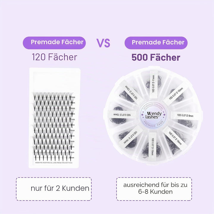 WENDY LASHES Premade Volume Fans 10D D-Curl 0,07mm 13-20mm 500 Stück | fertige russische Volumen Fäc