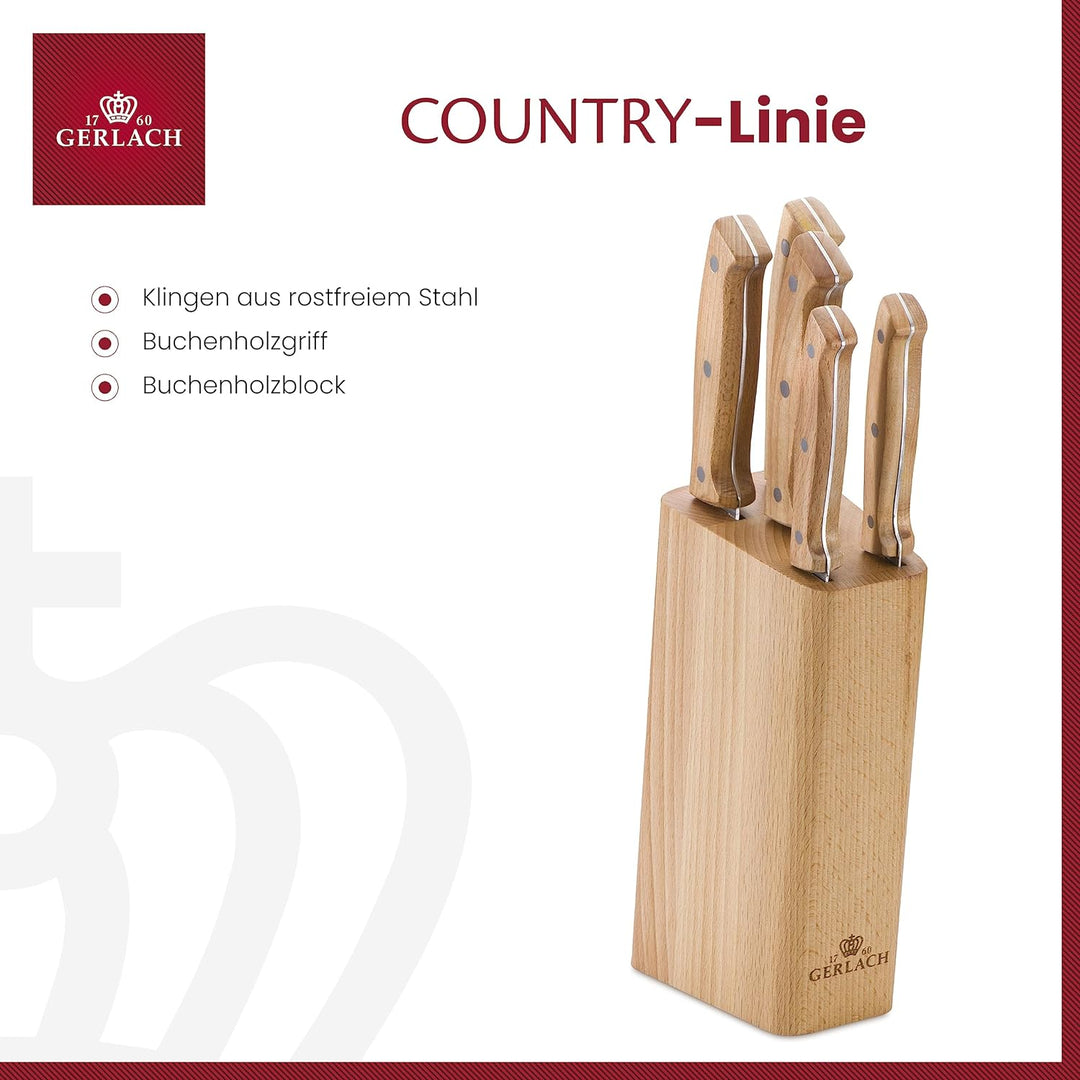 Gerlach Messersatz im Block Country, Edelstahl, Braun, 16 x 8.5 x 36 cm, 5-Einheiten