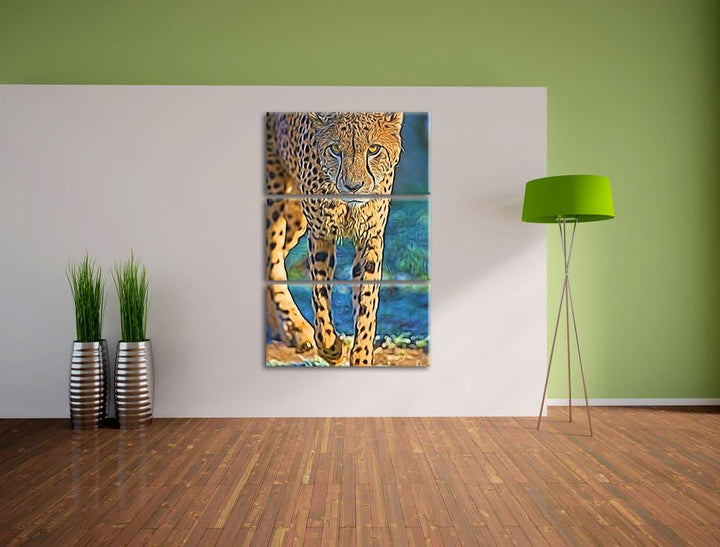 anpirschender Gepard Spezial 3-Teiler Leinwandbild 120x80 Bild auf Leinwand, XXL riesige Bilder fert