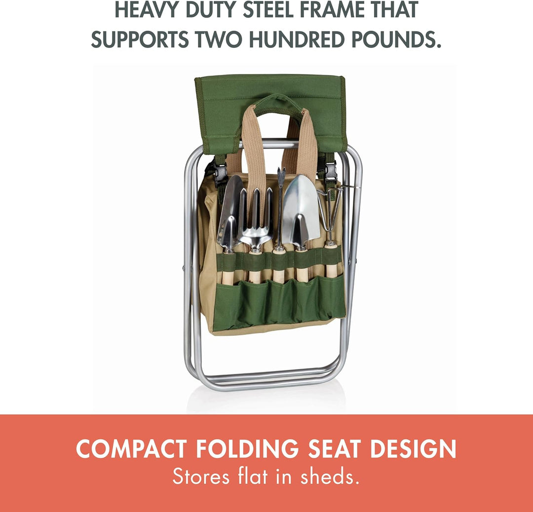 Picnic TIME ONIVA - a Brand Gardener 5-Piece Garden Tool Set with Tote and Folding Seat Olivgrün mit