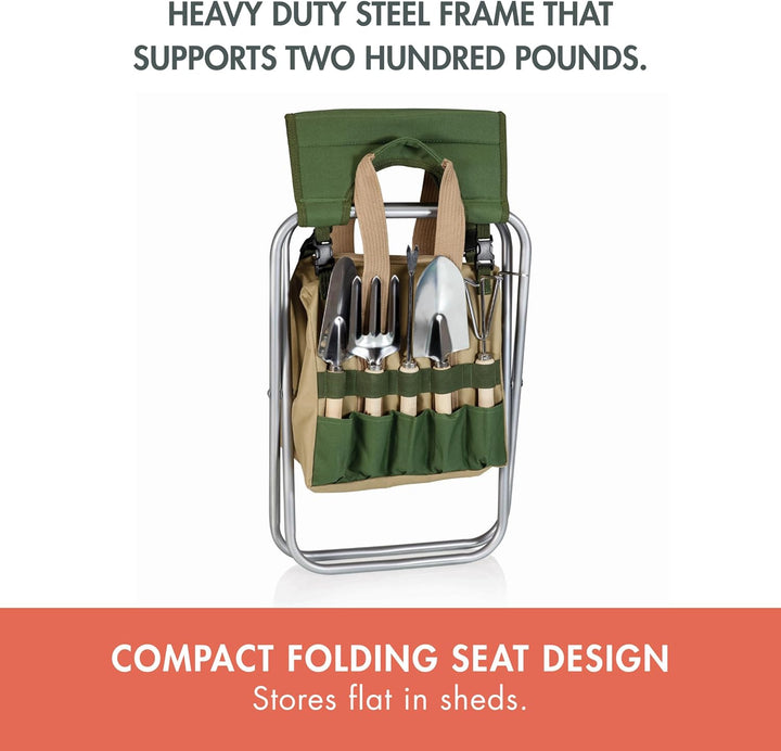Picnic TIME ONIVA - a Brand Gardener 5-Piece Garden Tool Set with Tote and Folding Seat Olivgrün mit