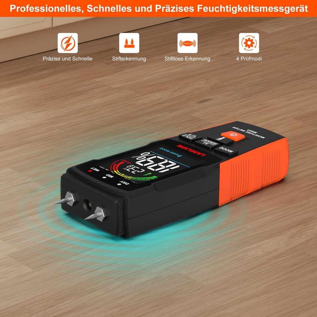 2-in-1 Feuchtigkeitsmessgerät mit Stift- und Stiftlos-Modus – Für Holz, Beton, Trockenbau, Karton u.