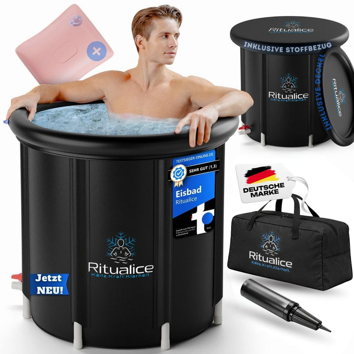 Ritualice® Eisbad (80 cm Ø) XL Komplettset - TESTSIEGER - Eistonne Set mit Deckel, Stoffbezug und XL