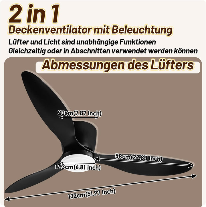 Fiqops Deckenventilator mit Beleuchtung 132cm, Deckenleuchte mit Ventilator Fernbedienung und APP, 6