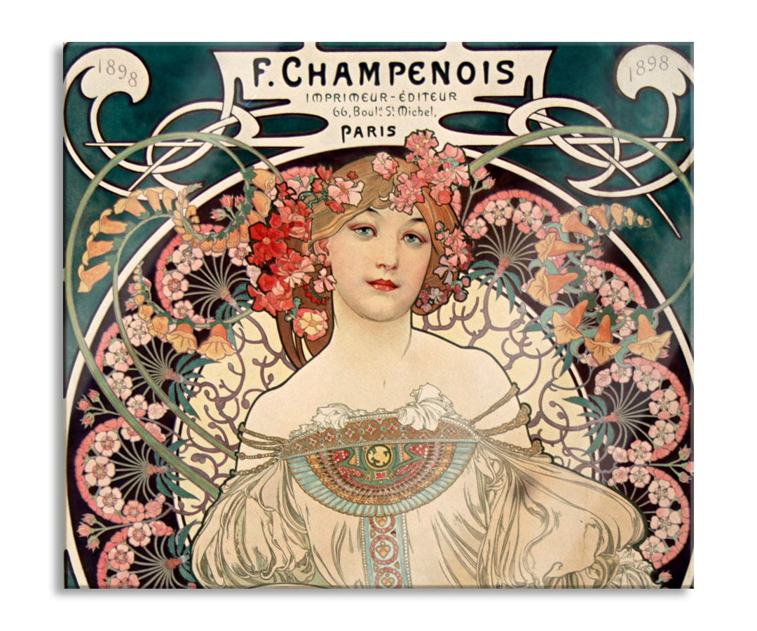 Alfons Mucha - Frau umringt von Blumen Herdabdeckplatte & Spritzschutz aus Echtglas | Für Herd-Kochf