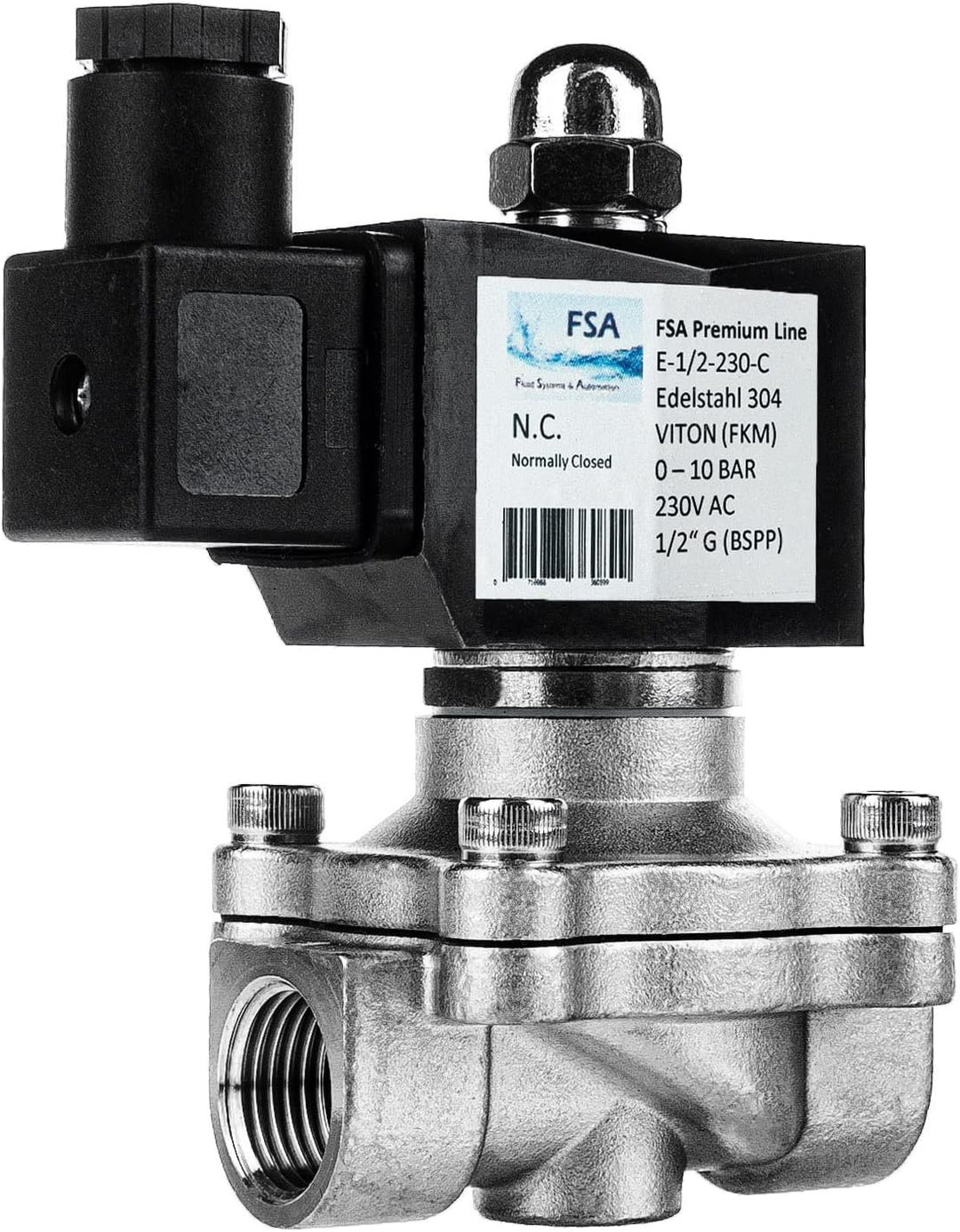 FSA Magnetventil Edelstahl 304 1/2" 230V AC 0-10 bar Viton stromlos geschlossen, 230v Ac