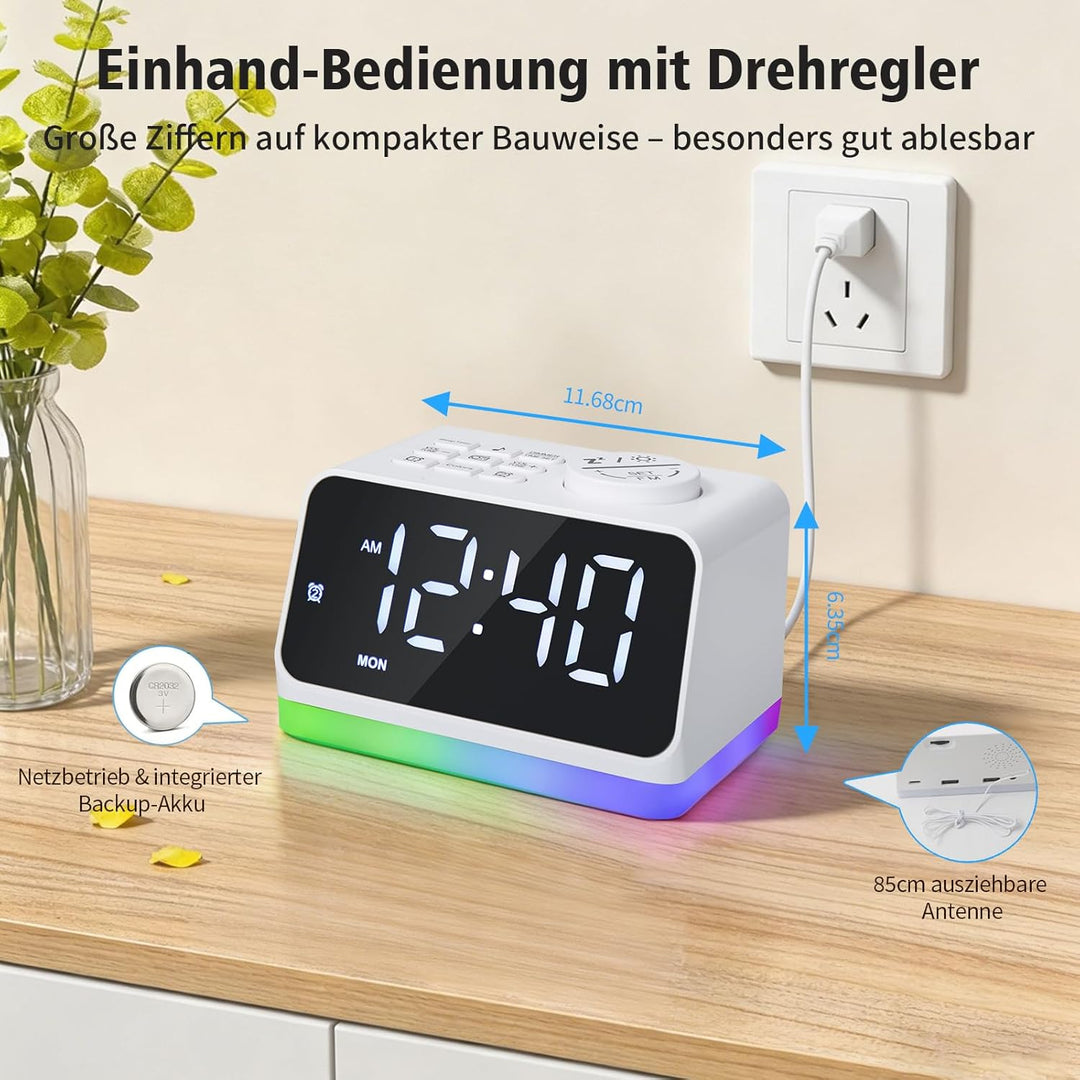 Digitaler Radiowecker für das Schlafzimmer – 8-farbiges Nachtlicht (0-100% dimmbar), Doppelalarm mit