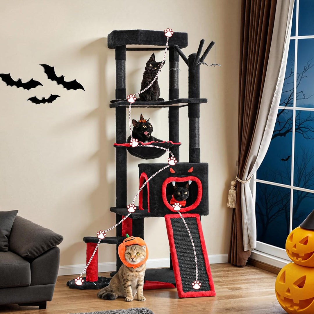 DWVO Gothic-Kratzbaum mit Sargbett, 153 cm hoher Katzenturm für Hauskatzen mit Sitzstange, geräumige