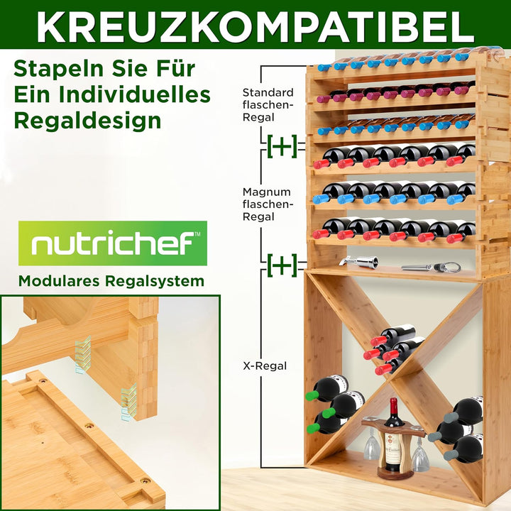 NutriChef Regal Schmal Weinregal aus Bambus Holz – 24 Flaschen, 4 Etagen – Stapelbares Flaschenregal