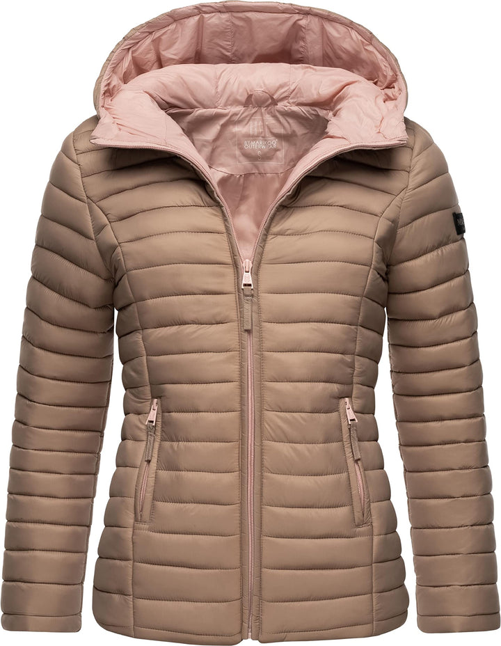 MARIKOO Damen leichte Übergangsjacke Steppjacke mit Kapuze Asraa XS-3XL XXL Taupe, XXL Taupe