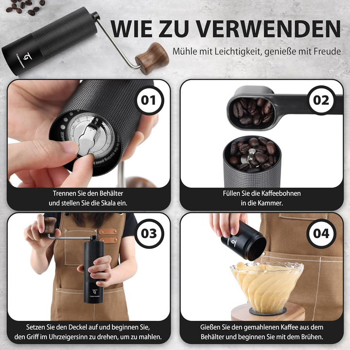 SUNYA Kaffeemühle Manuell mit Kaffeerezeptbuch - Edelstahl Handkaffeemühle mit Kegelmahlwerk Mahlgra