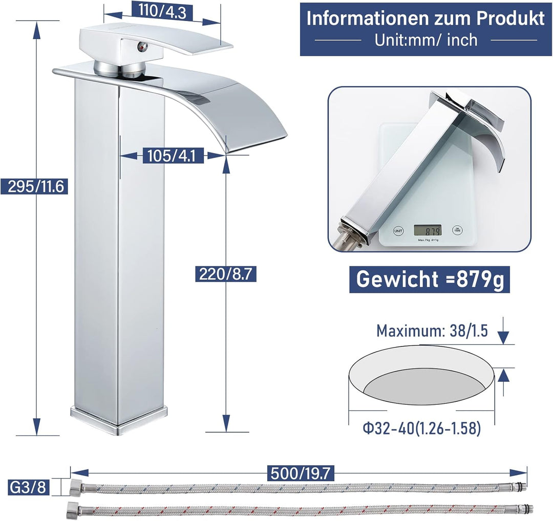 11.6 Zoll Hohes Wasserhahn Bad Chrom, Dolinvo Armatur badezimmer Wasserfall Einhandmischer Waschtisc