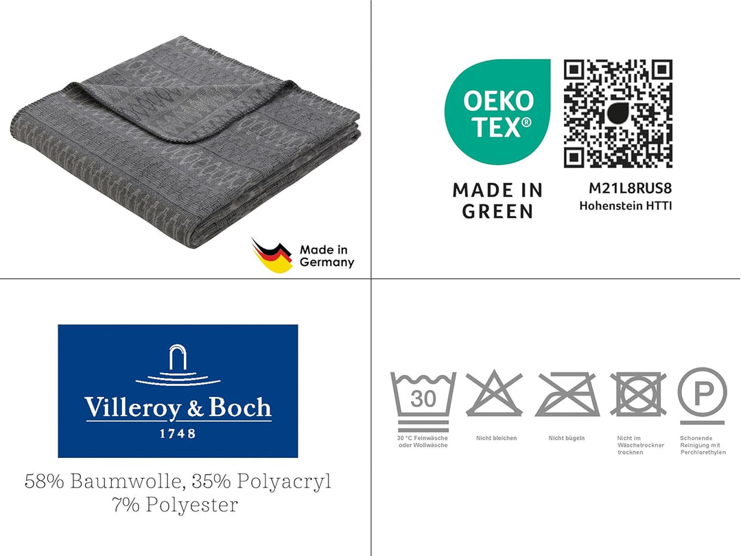 Villeroy &amp; Boch Wohndecke Malindi Graphite I weiche Kuscheldecke aus Baumwollmischgewebe I dunkelgra