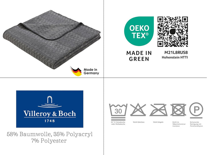 Villeroy &amp; Boch Wohndecke Malindi Graphite I weiche Kuscheldecke aus Baumwollmischgewebe I dunkelgra