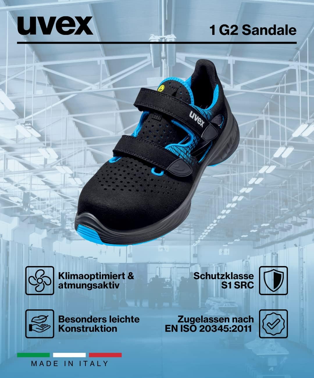 uvex 1 G2 Sandale, Sicherheitsschuhe mit Kunststoffkappe, atmungsaktiv, Arbeitsschuhe S1 SRC, Unisex