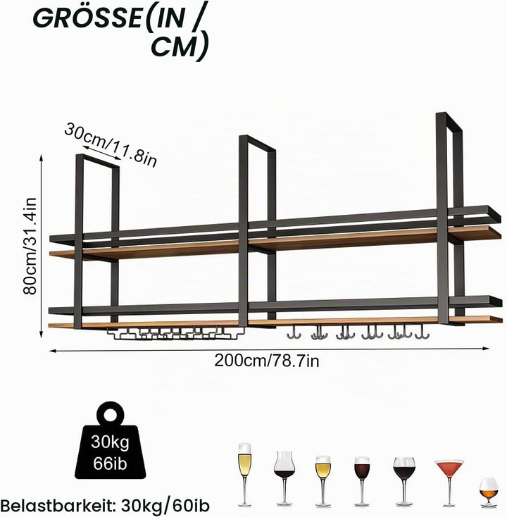 Deckenregal Weinregal - Decken Regal Hängend Weinglasregal aus Metall, 2-lagiger industrieller hänge