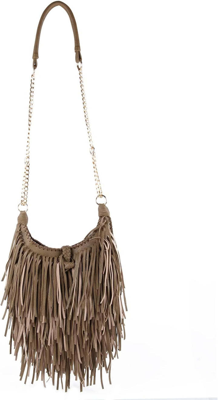 LUI SUI Damen handgefertigte Leder Franse Quaste Crossbody Hobo Schultertasche Umhängetaschen (Khaki