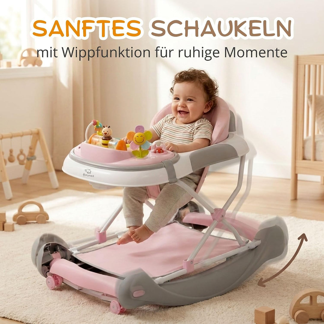 BRONEA 4-in-1 Gehfrei Baby ab 6 Monate | Lauflernwagen mit Schaukelfunktion und Spielpaneel mit Musi