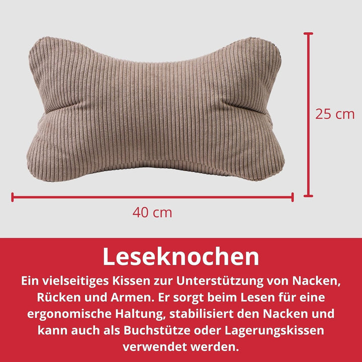 liebling Cord Lesekissen für Bett und Sofa, Bücherkissen, Lesehilfe, 40x25 cm, Leseknochen, Serie Ve