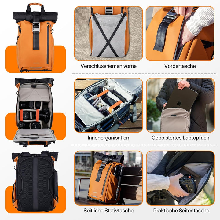 Rollei Fotoliner Ocean Rolltop Kamerarucksack Wasserdicht Fotorucksack Gross Kamera Rucksack mit Lap