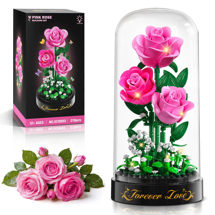 HiWEEGO Rosa Rosen Blumenstrauss Bauset mit LED Licht für Ehefrau Erwachsene | 3,6 MM Rosenstrauss m