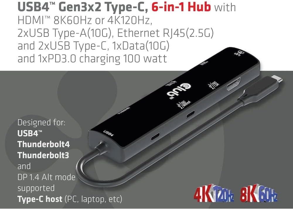 Club3D CSV-1599 USB4™ Gen3x2 Typ-C, 6-in-1 Hub mit HDMI™ 8K60Hz oder 4K120Hz, 2xUSB Typ-A(10G), Ethe