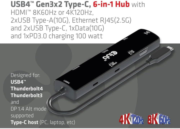 Club3D CSV-1599 USB4™ Gen3x2 Typ-C, 6-in-1 Hub mit HDMI™ 8K60Hz oder 4K120Hz, 2xUSB Typ-A(10G), Ethe