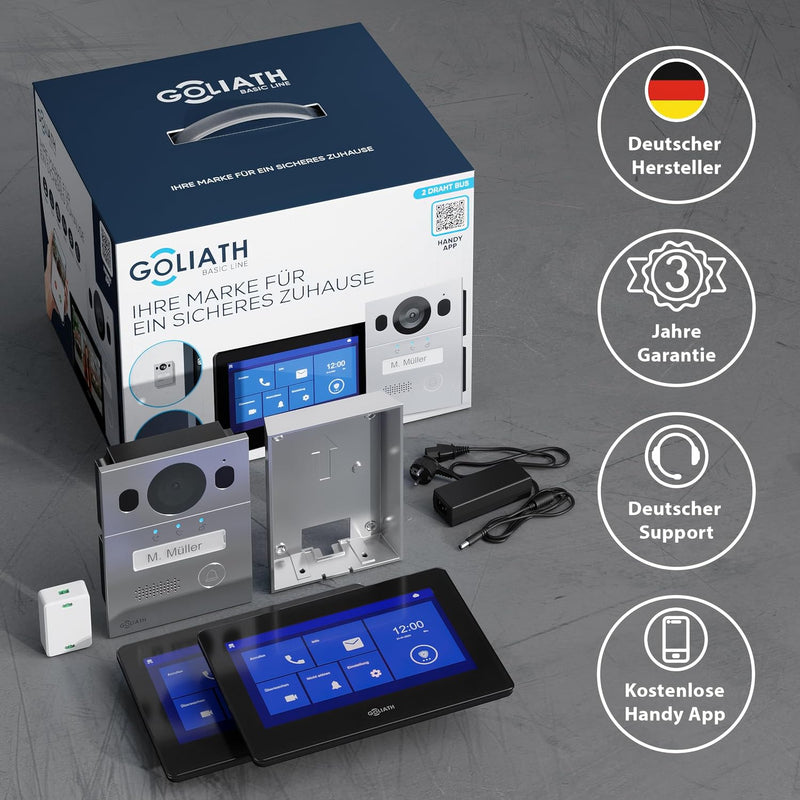 GOLIATH Basic Video Türsprechanlage, 2 Draht Bus, 2X 7 Monitor, Aufputz Türklingel mit Kamera, Gegen