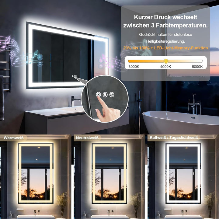 Badspiegel Mit Beleuchtung100x70cm,Spiegel Mit Beleuchtung Bluetooth Dual Lautsprecher,Antibeschlagf