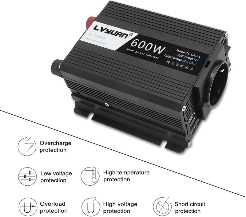 Spannungswandler DC 12v auf AC 230v / 600W Wechselrichter/Cantonape Inverter/mit KFZ Inverter mit EU