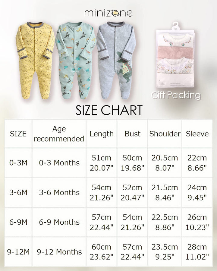 Minizone Baby Schlafanzug Pack of 3, Strampler Langarm Pyjamas Schlafstrampler 6-9 Monate 6-9 Monate