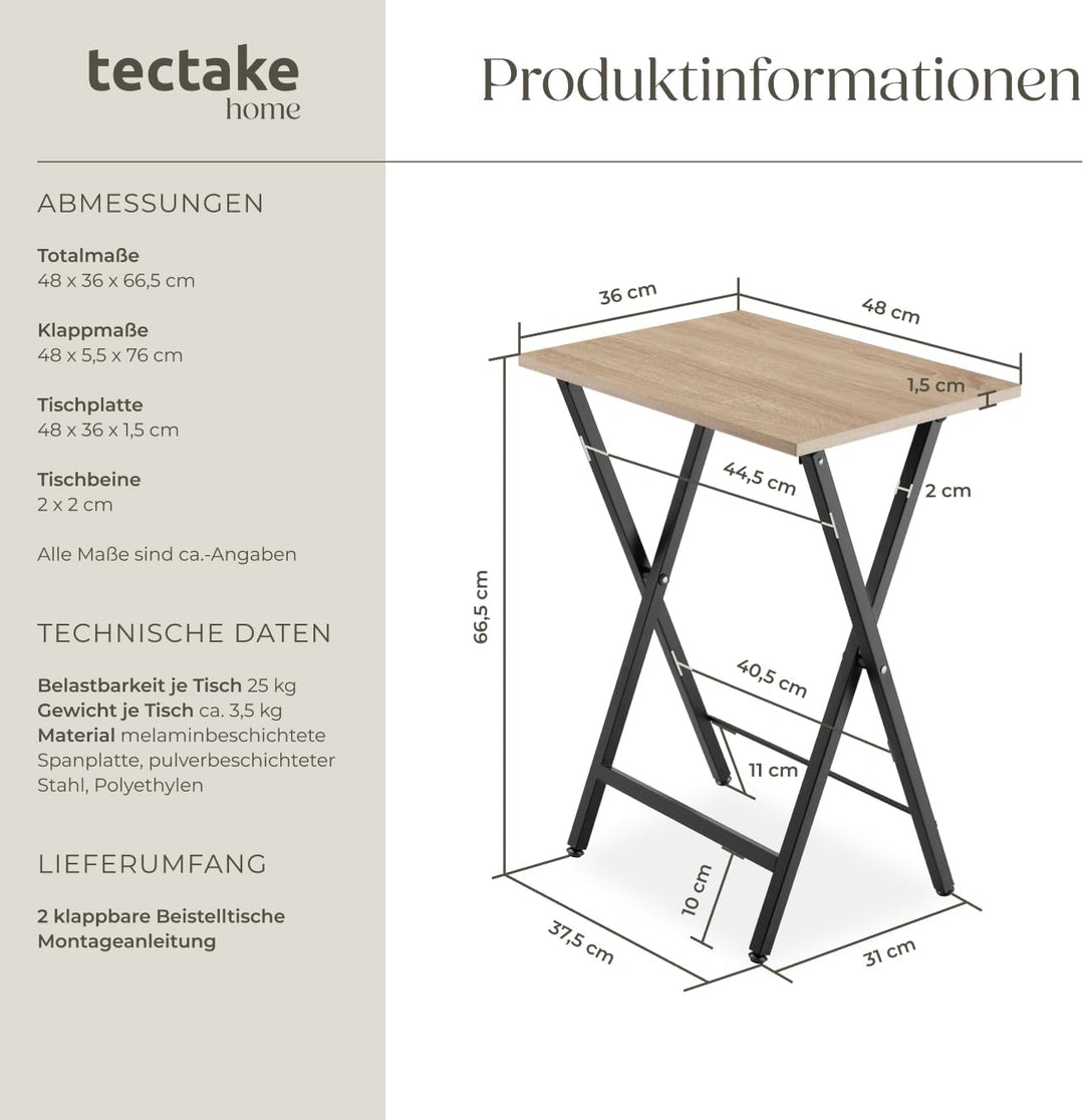 tectake 2er Set Beistelltisch klappbar, Holz Tablett Tisch im Industrie-Design, 48x36x66,5 cm, TV Tr