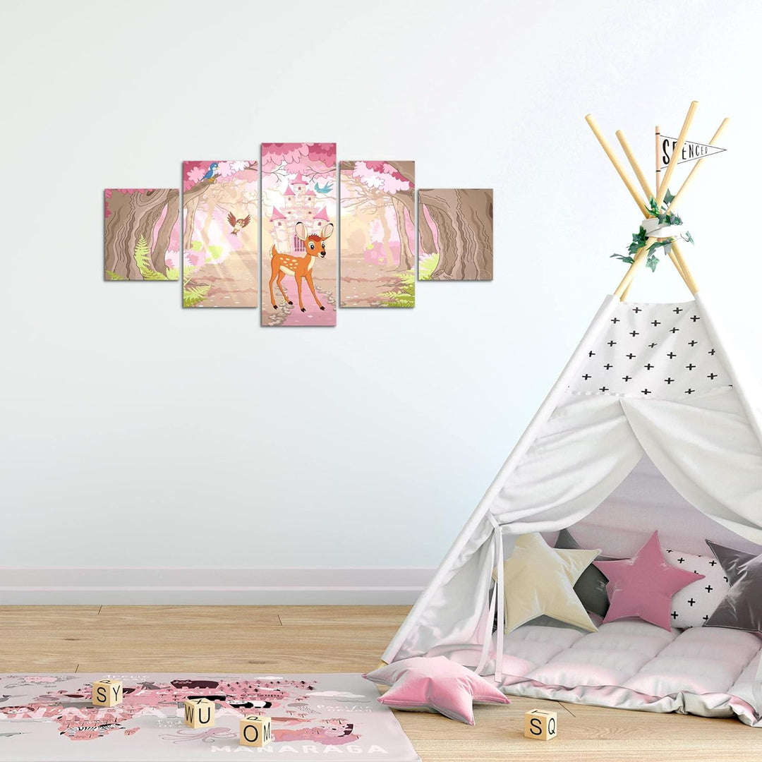 Runa Art Wandbilder Kinderzimmer Waldtiere 5 Teilig Bild auf Vlies Leinwand Deko Babyzimmer Spielzim