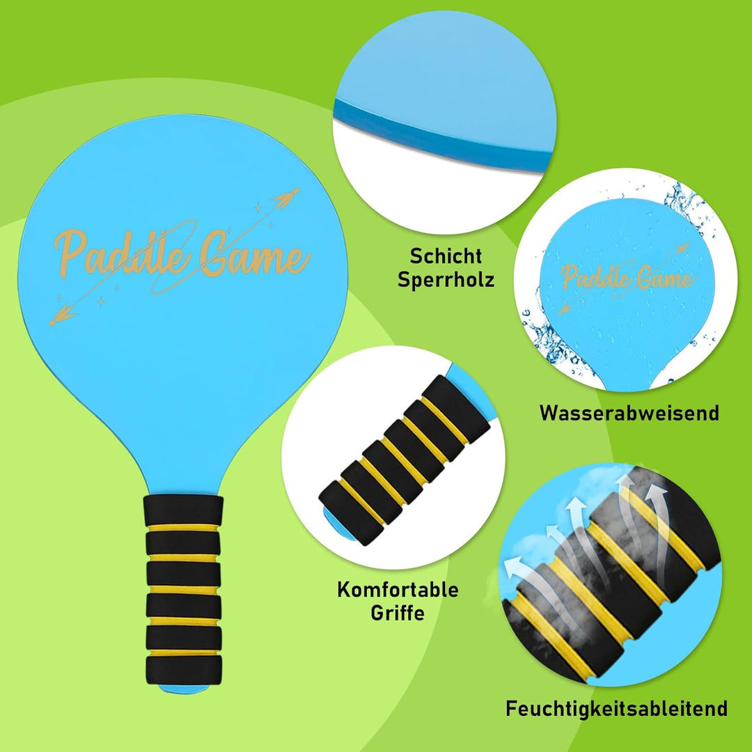 INPODAK Beach Ball Spiel Set,Strandball Schlägerset für Kinder,2 Schläger, 4 Federbälle, 2 Bälle,Pad