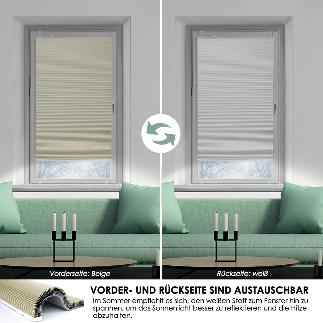 Wabenplissee Plissee ohne Bohren Verdunkelung Klemmfix Thermo Verdunklungsplissee, Beige-Weiss 40x12