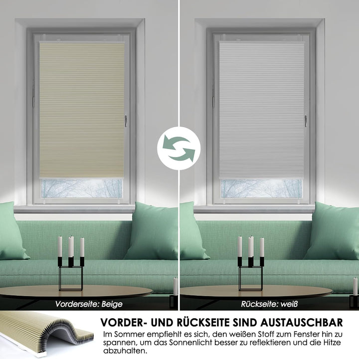Wabenplissee Plissee ohne Bohren Verdunkelung Klemmfix Thermo Verdunklungsplissee, Beige-Weiss 40x12