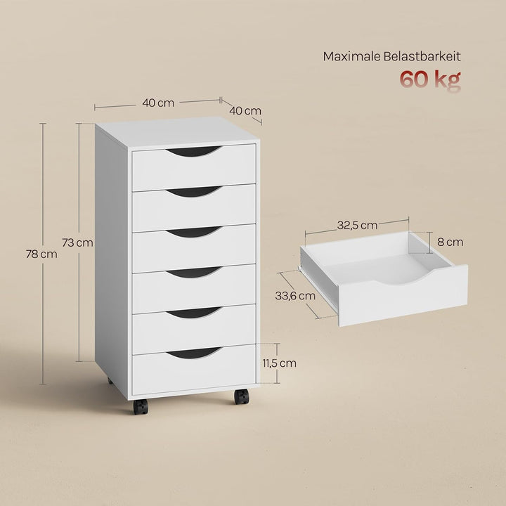 WOLTU Rollcontainer mit 6 Schubladen, mobiler Aktenschrank mit Rollen Weiss 6 Schubladen (78H cm), W