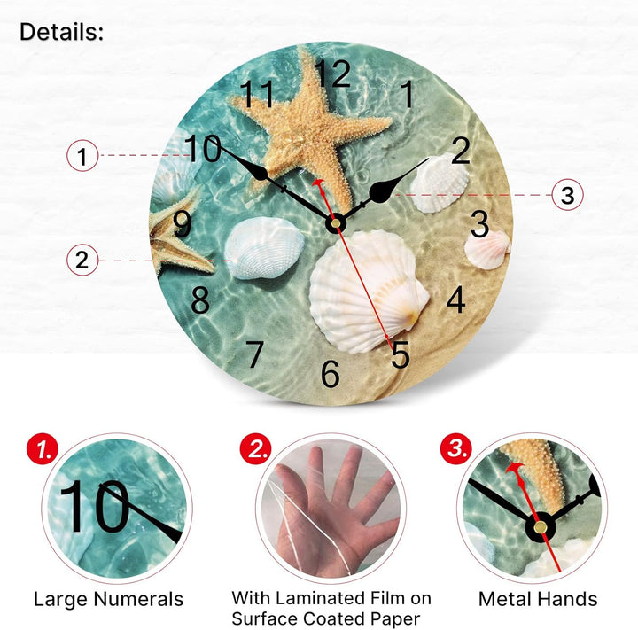 TAHEAT 30 cm Wanduhr Maritime Muschel Seestern, Leise Ohne Tickgeräusche Batteriebetrieben Uhren, Sc