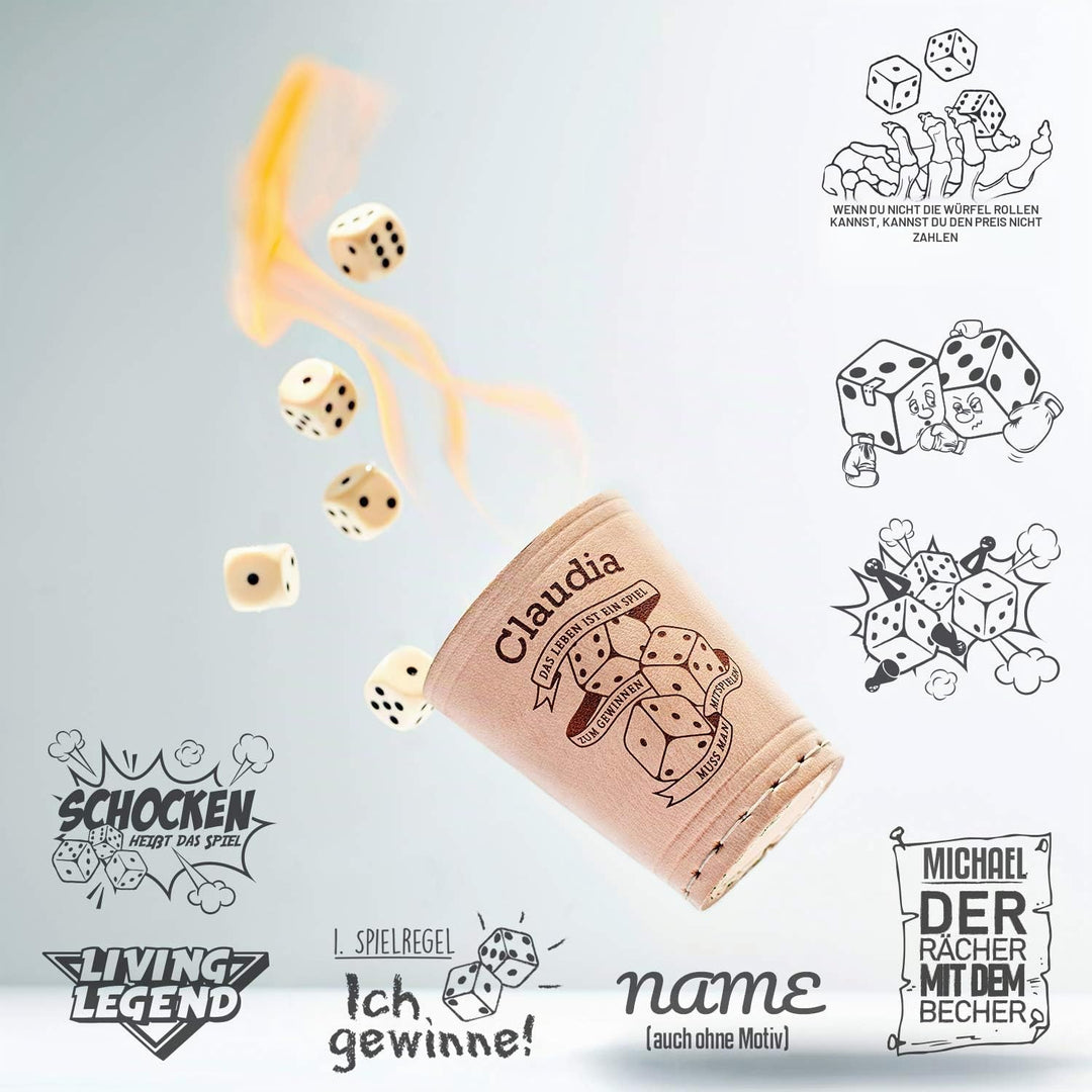 Diamandi Leder Würfelbecher mit Gravur - Personalisierung von Name + Motiv zur Auswahl inkl. 6 Würfe