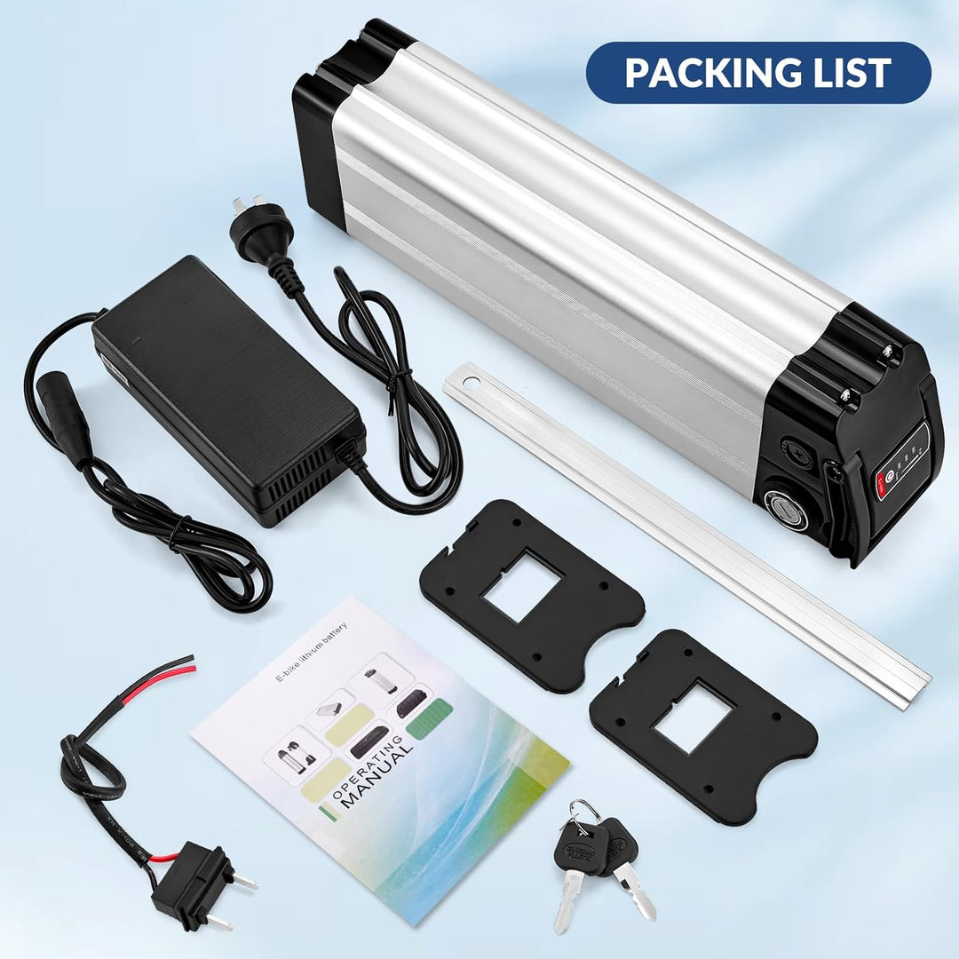 X-go Ebike Batterie, Elektrofahrrad Batterie E-Bike Lithium Batterie Silber Fisch mit Ladegerät, Led