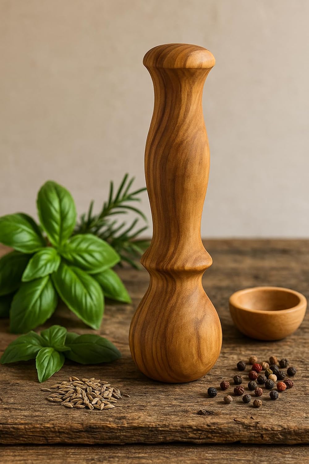 Rustikaler Stössel aus Olivenholz, ergonomischer Griff, 14 cm