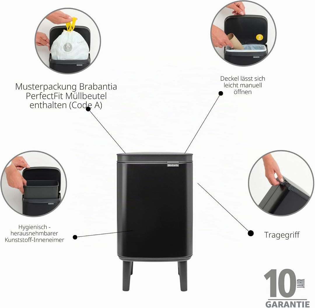 Brabantia - Mülleimer Bo Hi 4L mit Soft-Close-Deckel, herausnehmbarem Inneneimer und Transportgriff