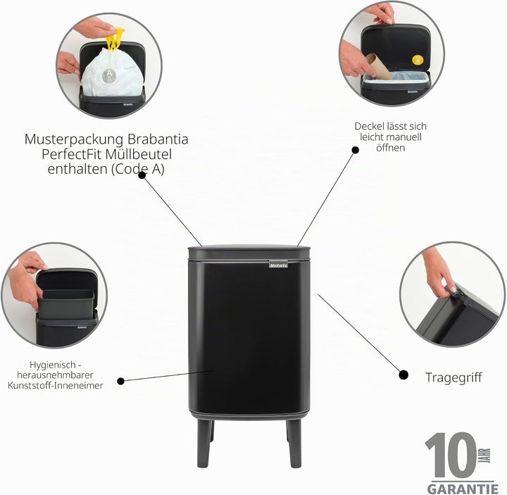 Brabantia - Mülleimer Bo Hi 4L mit Soft-Close-Deckel, herausnehmbarem Inneneimer und Transportgriff